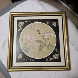 Elegant Gold Framed Floral Wall Art with Pink and Cream Roses